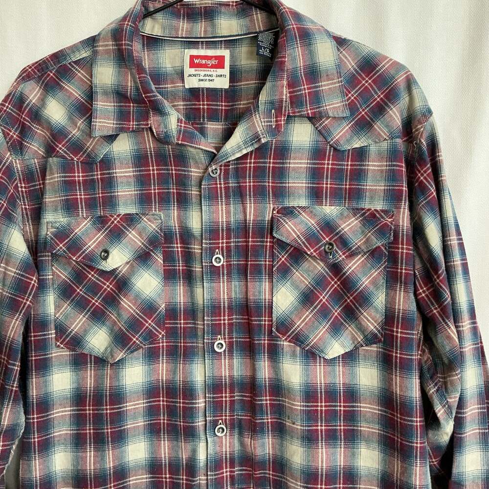 Wrangler Red Blue Plaid Western Long Sleeve Shirt Large - Picture 6 of 6